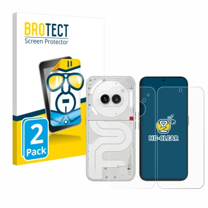 Face avant d’un emballage produit avec le logo de la marque BROTECT. À côté, l’appareil Nothing Phone (2a) (Avant+Arrière) est