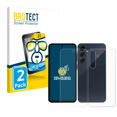 Face avant d’un emballage produit avec le logo de la marque BROTECT. À côté, l’appareil Samsung Galaxy A55 5G (Avant+Arrière) 