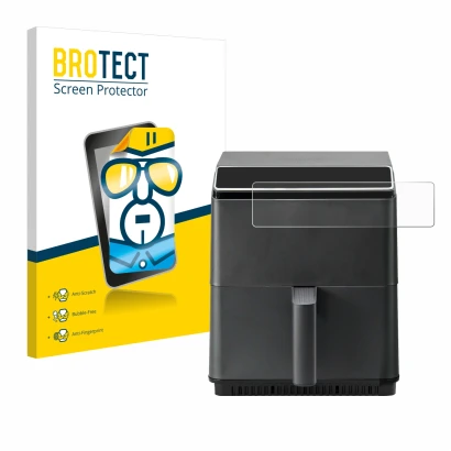 Face avant d’un emballage produit avec le logo de la marque BROTECT. À côté, l’appareil Cosori CAF-P583S est représenté avec l