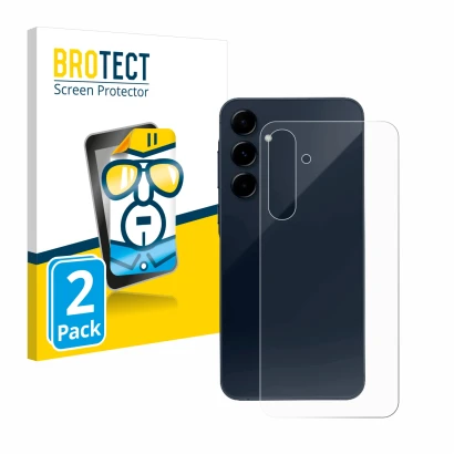 Face avant d’un emballage produit avec le logo de la marque BROTECT. À côté, l’appareil Samsung Galaxy A35 5G (Arrière) est re