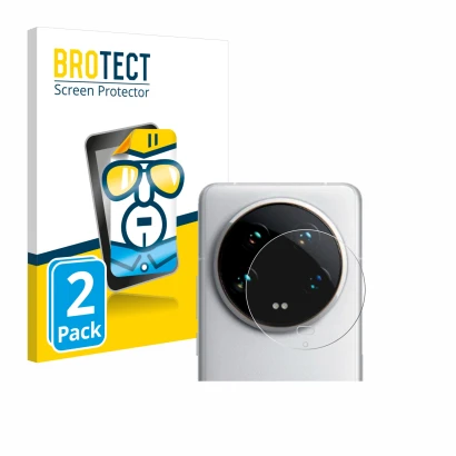 Face avant d’un emballage produit avec le logo de la marque BROTECT. À côté, l’appareil Xiaomi 14 Ultra (Caméra UNIQUEMENT) es