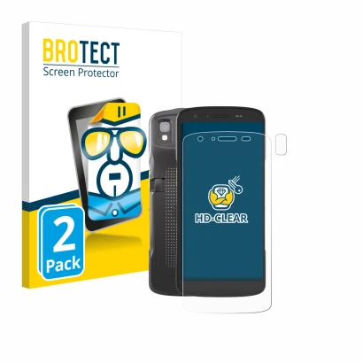 Face avant d’un emballage produit avec le logo de la marque BROTECT. À côté, l’appareil Zebra TC22 (Avant+Caméra) est représen