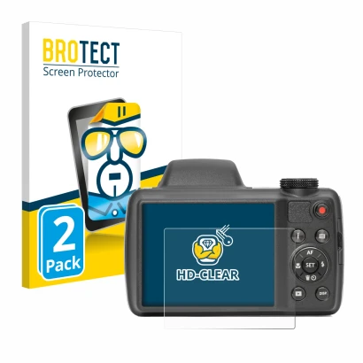 Face avant d’un emballage produit avec le logo de la marque BROTECT. À côté, l’appareil Kodak Pixpro AZ528 est représenté avec