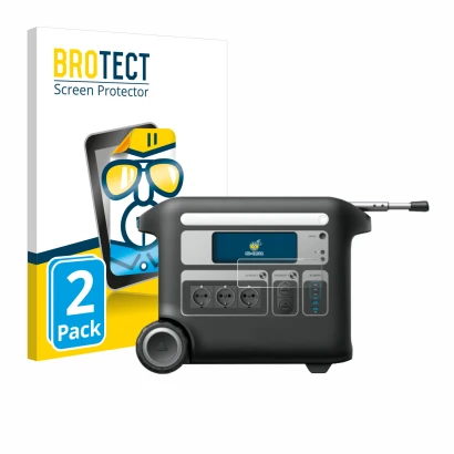 Face avant d’un emballage produit avec le logo de la marque BROTECT. À côté, l’appareil Anker SOLIX F2000 est représenté avec 