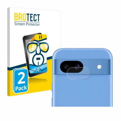 Face avant d’un emballage produit avec le logo de la marque BROTECT. À côté, l’appareil Google Pixel 8a (Caméra UNIQUEMENT) es