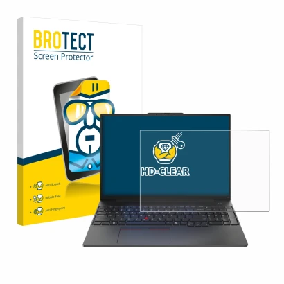 Face avant d’un emballage produit avec le logo de la marque BROTECT. À côté, l’appareil Lenovo ThinkPad E16 Gen 2 est représen