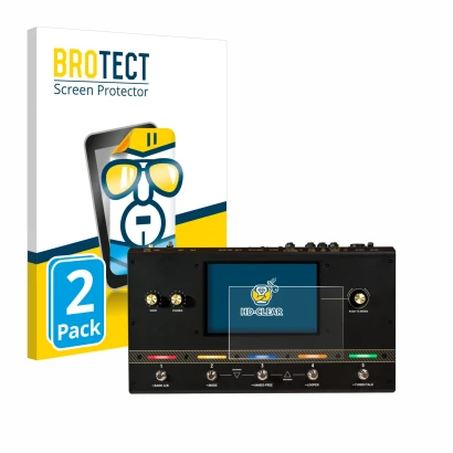 Face avant d’un emballage produit avec le logo de la marque BROTECT. À côté, l’appareil Headrush Core est représenté avec la p