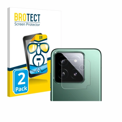 Face avant d’un emballage produit avec le logo de la marque BROTECT. À côté, l’appareil Xiaomi 14 (Caméra UNIQUEMENT) est repr