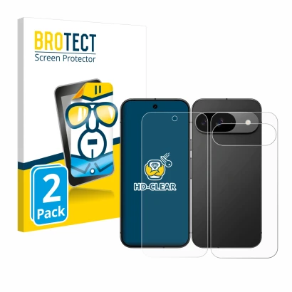 Face avant d’un emballage produit avec le logo de la marque BROTECT. À côté, l’appareil Google Pixel 9 (Avant+Arrière) est rep