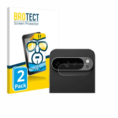 Face avant d’un emballage produit avec le logo de la marque BROTECT. À côté, l’appareil Google Pixel 9 Pro XL (Caméra UNIQUEME