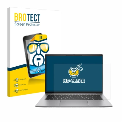 Face avant d’un emballage produit avec le logo de la marque BROTECT. À côté, l’appareil HP Zbook Firefly 14 G11 est représenté