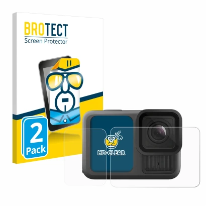 Face avant d’un emballage produit avec le logo de la marque BROTECT. À côté, l’appareil GoPro Hero 13 Black est représenté ave