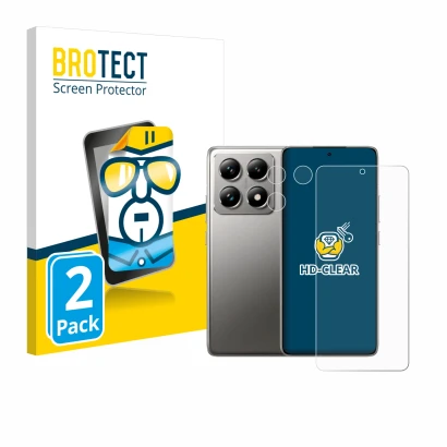 Face avant d’un emballage produit avec le logo de la marque BROTECT. À côté, l’appareil Xiaomi 14T Pro (Avant+Caméra) est repr