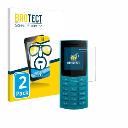 Face avant d’un emballage produit avec le logo de la marque BROTECT. À côté, l’appareil Nokia 105 4G 2nd Edition est représent