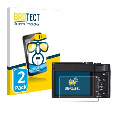 Face avant d’un emballage produit avec le logo de la marque BROTECT. À côté, l’appareil Panasonic Lumix DC-TZ99 est représenté