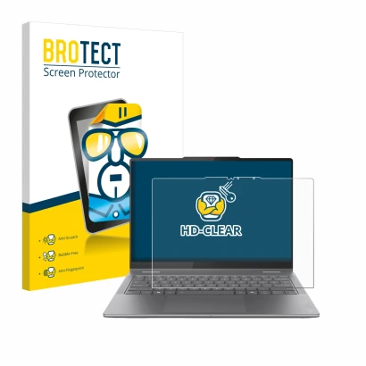 Face avant d’un emballage produit avec le logo de la marque BROTECT. À côté, l’appareil Lenovo Yoga 7i 2-in-1 Gen 10 14