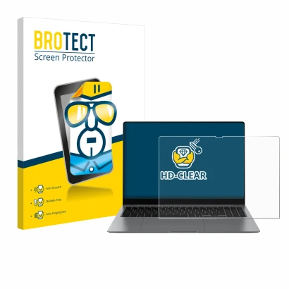 Face avant d’un emballage produit avec le logo de la marque BROTECT. À côté, l’appareil Samsung Galaxy Book5 Pro 16" est repré