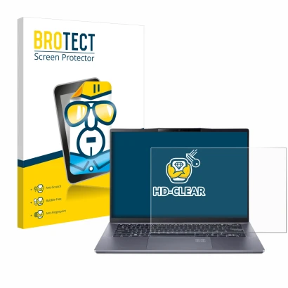 Face avant d’un emballage produit avec le logo de la marque BROTECT. À côté, l’appareil Acer Swift Go 14 AI est représenté ave