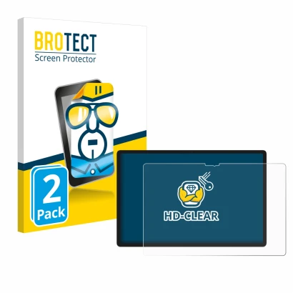 Face avant d’un emballage produit avec le logo de la marque BROTECT. À côté, l’appareil Lenovo Yoga Tab 2025 est représenté av