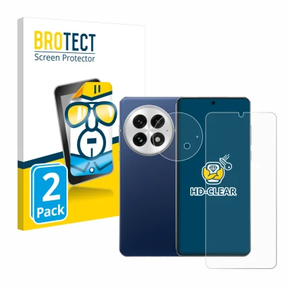 Face avant d’un emballage produit avec le logo de la marque BROTECT. À côté, l’appareil OnePlus 13 (Avant+Caméra) est représen