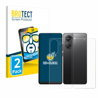 Face avant d’un emballage produit avec le logo de la marque BROTECT. À côté, l’appareil Xiaomi Poco X7 Pro (Avant+Arrière) est