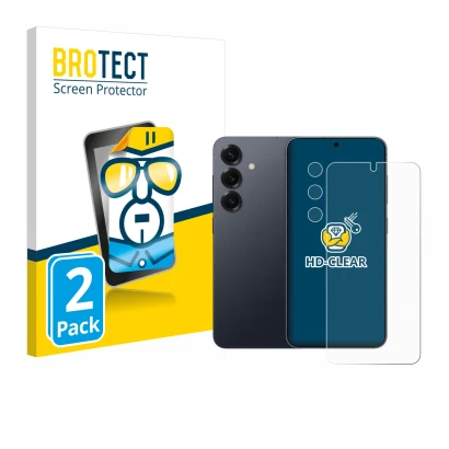 Face avant d’un emballage produit avec le logo de la marque BROTECT. À côté, l’appareil Samsung Galaxy S25 (Avant+Caméra) est 