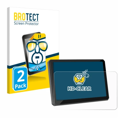 Face avant d’un emballage produit avec le logo de la marque BROTECT. À côté, l’appareil Carpuride W702BS 7" est représenté ave