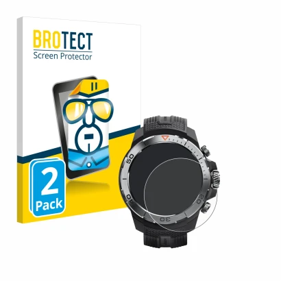 Face avant d’un emballage produit avec le logo de la marque BROTECT. À côté, l’appareil Xiaomi Mibro GS Explorer est représent