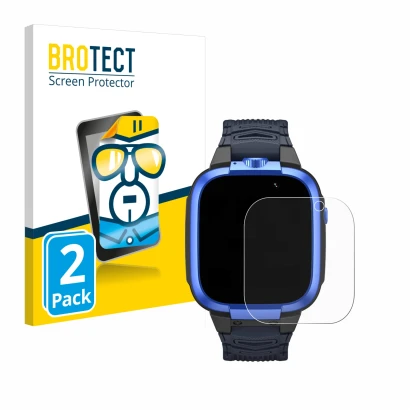 Face avant d’un emballage produit avec le logo de la marque BROTECT. À côté, l’appareil Xiaomi Mibro Kids Z3 est représenté av