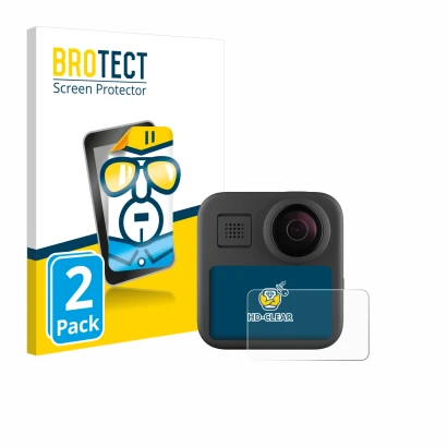 Face avant d’un emballage produit avec le logo de la marque BROTECT. À côté, l’appareil GoPro Max (2025) est représenté avec l