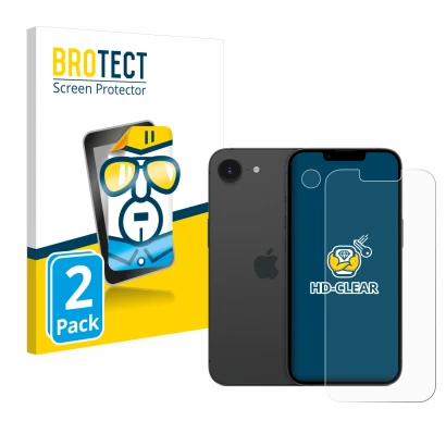 Face avant d’un emballage produit avec le logo de la marque BROTECT. À côté, l’appareil Apple iPhone 16e (Avant+Caméra) est re