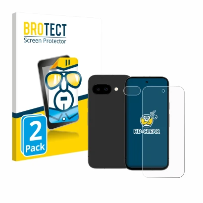 Face avant d’un emballage produit avec le logo de la marque BROTECT. À côté, l’appareil Google Pixel 9a (Avant+Caméra) est rep