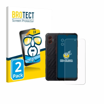 Face avant d’un emballage produit avec le logo de la marque BROTECT. À côté, l’appareil Samsung Galaxy XCover 7 Pro (Avant+Cam