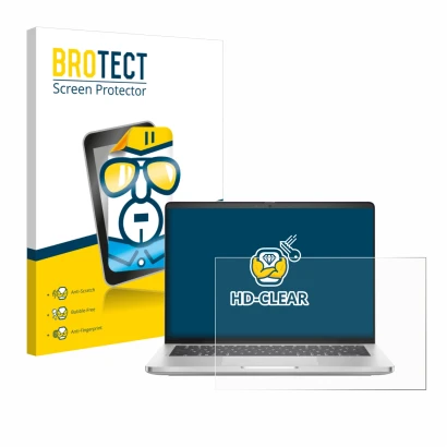 Face avant d’un emballage produit avec le logo de la marque BROTECT. À côté, l’appareil Dell Pro 14 Plus PB14250 est représent