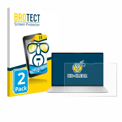 Face avant d’un emballage produit avec le logo de la marque BROTECT. À côté, l’appareil Dell XPS 13 9350 2024 est représenté a