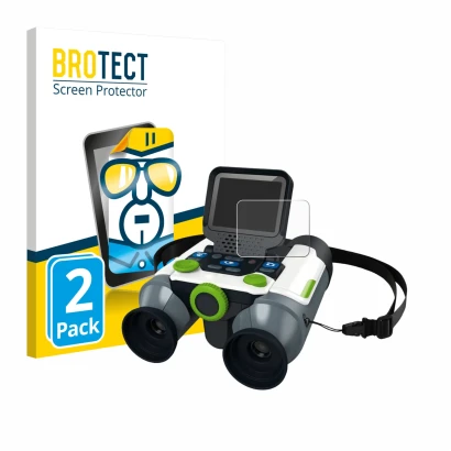 Face avant d’un emballage produit avec le logo de la marque BROTECT. À côté, l’appareil Vtech Jumelles vidéo interactive est r