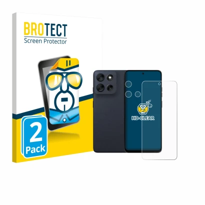 Face avant d’un emballage produit avec le logo de la marque BROTECT. À côté, l’appareil Motorola Moto G56 (Avant+Caméra) est r