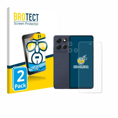 Face avant d’un emballage produit avec le logo de la marque BROTECT. À côté, l’appareil Motorola Moto G86 (Avant+Caméra) est r