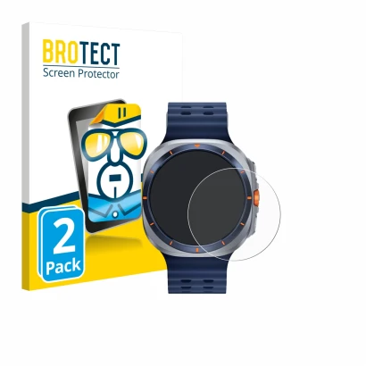 Face avant d’un emballage produit avec le logo de la marque BROTECT. À côté, l’appareil Samsung Galaxy Watch Ultra 2 (47 mm) e