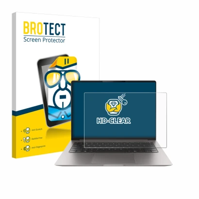 Face avant d’un emballage produit avec le logo de la marque BROTECT. À côté, l’appareil Honor MagicBook Pro 14 est représenté 