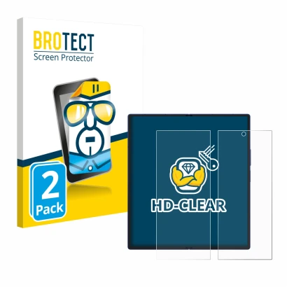 Face avant d’un emballage produit avec le logo de la marque BROTECT. À côté, l’appareil Samsung Galaxy Z Fold 7 (Affichage int