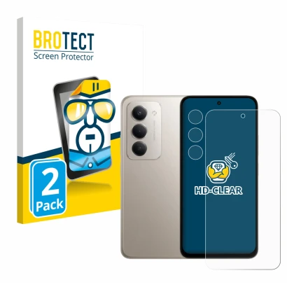 Face avant d’un emballage produit avec le logo de la marque BROTECT. À côté, l’appareil Xiaomi Redmi 15 (Avant+Caméra) est rep