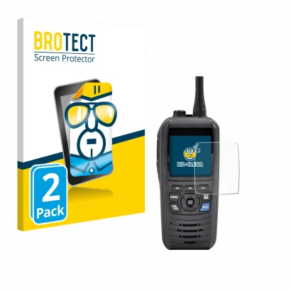 Face avant d’un emballage produit avec le logo de la marque BROTECT. À côté, l’appareil Icom IC-M94D est représenté avec la pr