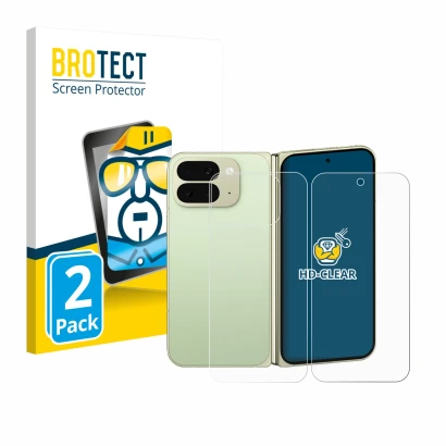 Face avant d’un emballage produit avec le logo de la marque BROTECT. À côté, l’appareil Google Pixel 10 Pro Fold (Avant+Arrièr