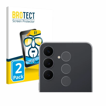 Face avant d’un emballage produit avec le logo de la marque BROTECT. À côté, l’appareil Samsung Galaxy S25 FE (Caméra UNIQUEME