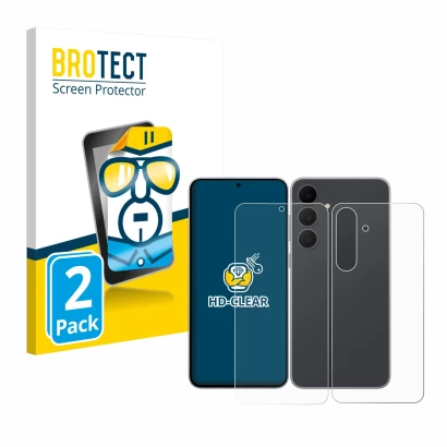 Face avant d’un emballage produit avec le logo de la marque BROTECT. À côté, l’appareil Samsung Galaxy S25 FE (Avant+Arrière) 