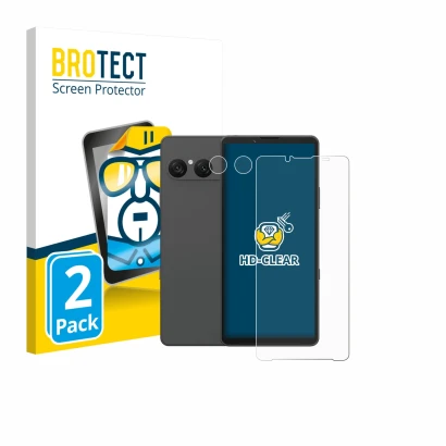 Face avant d’un emballage produit avec le logo de la marque BROTECT. À côté, l’appareil Sony Xperia 10 VII (Avant+Caméra) est 