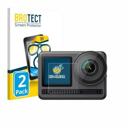 Face avant d’un emballage produit avec le logo de la marque BROTECT. À côté, l’appareil Akaso Brave 8 (Affichage avant) est re