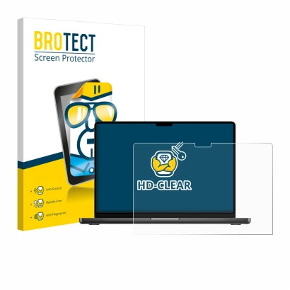 Face avant d’un emballage produit avec le logo de la marque BROTECT. À côté, l’appareil Apple MacBook Pro 14