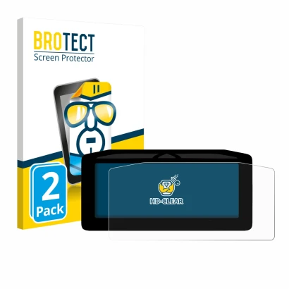 Face avant d’un emballage produit avec le logo de la marque BROTECT. À côté, l’appareil Ducati XDiavel V4 2025 Affichage de la